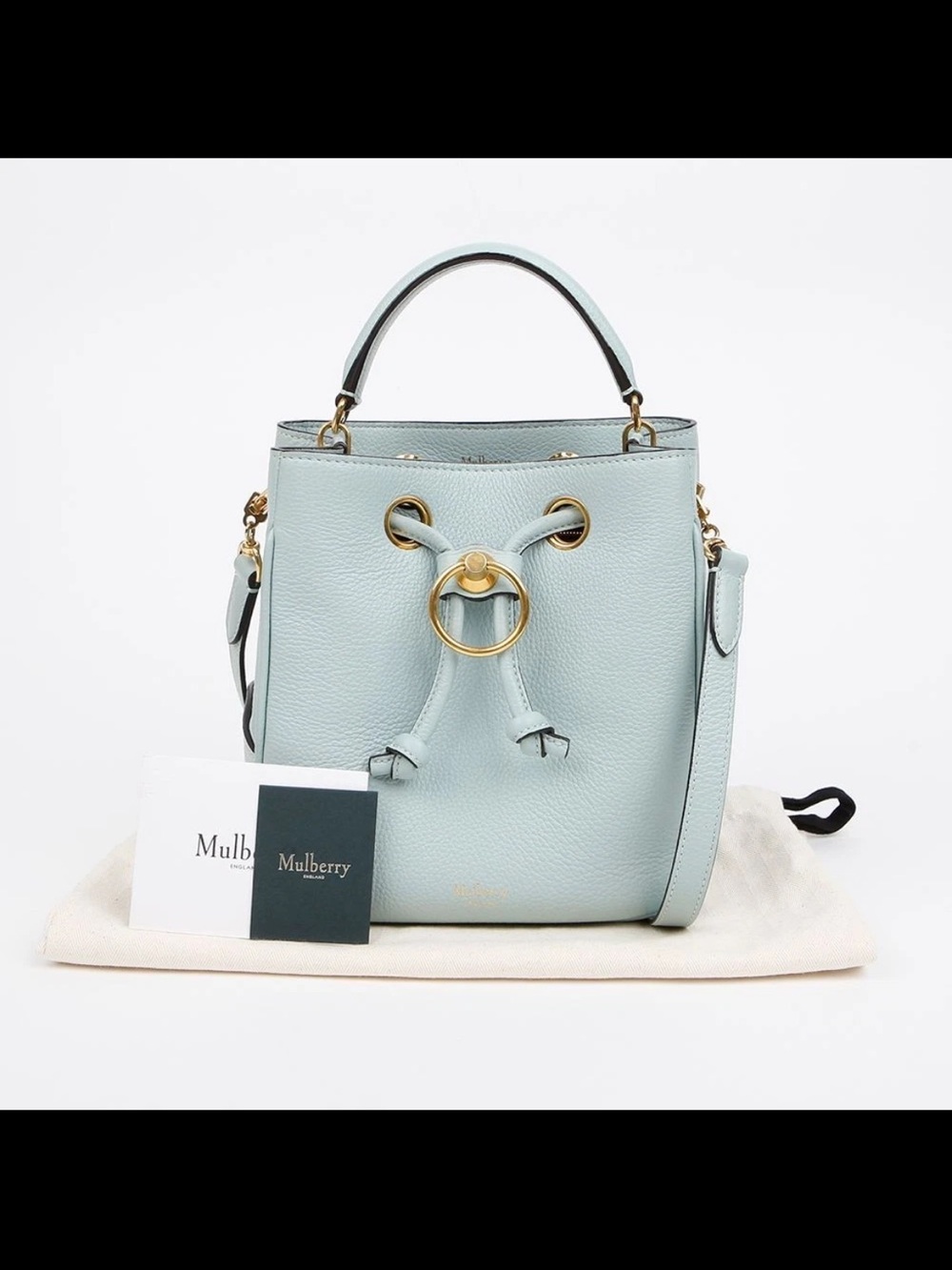Mulberry Light Blue Leather Drawstring Mini Bucket Bag with Gold Ring